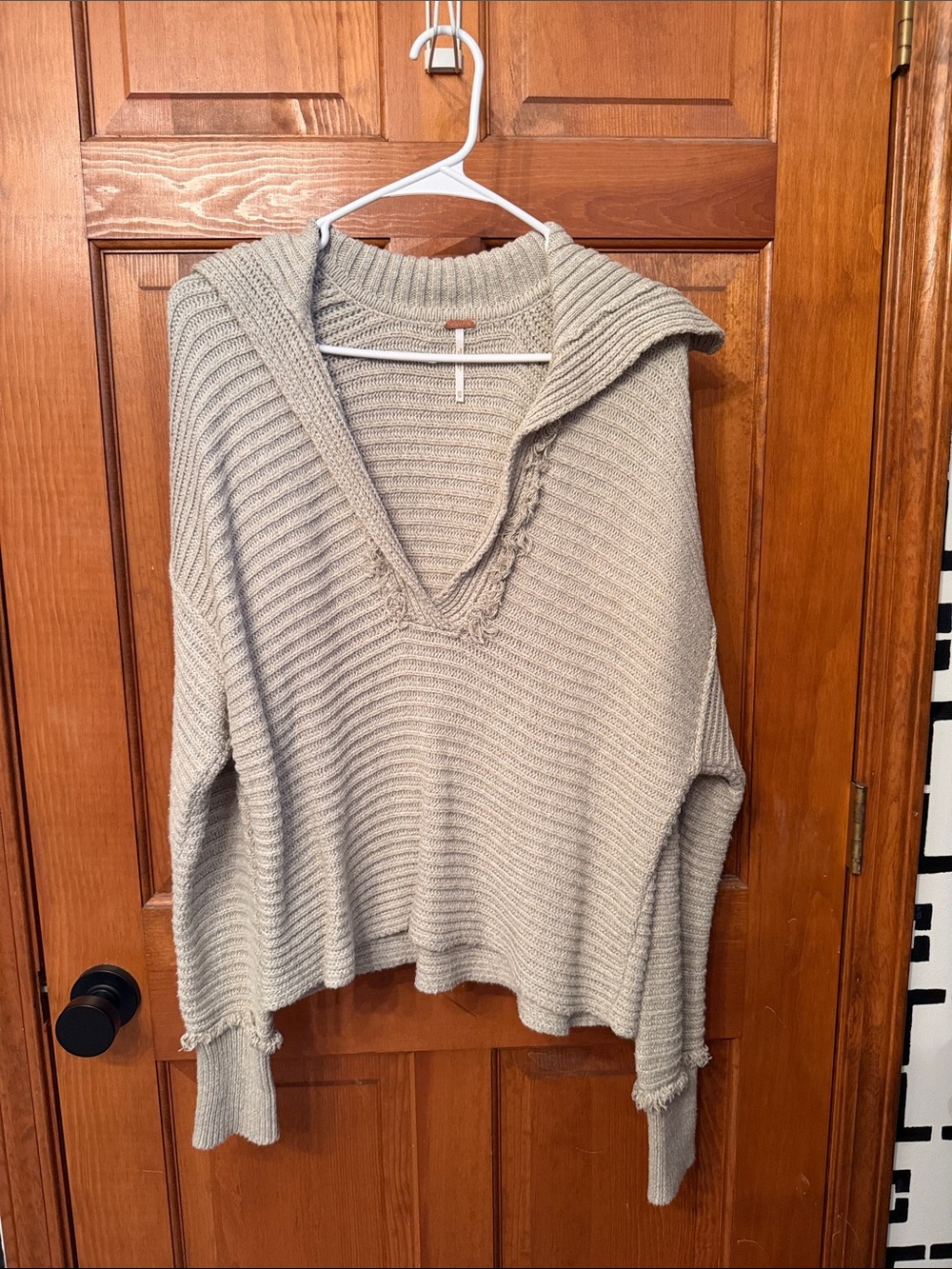 Free People Beige Ribbed V-Neck Hooded Sweater